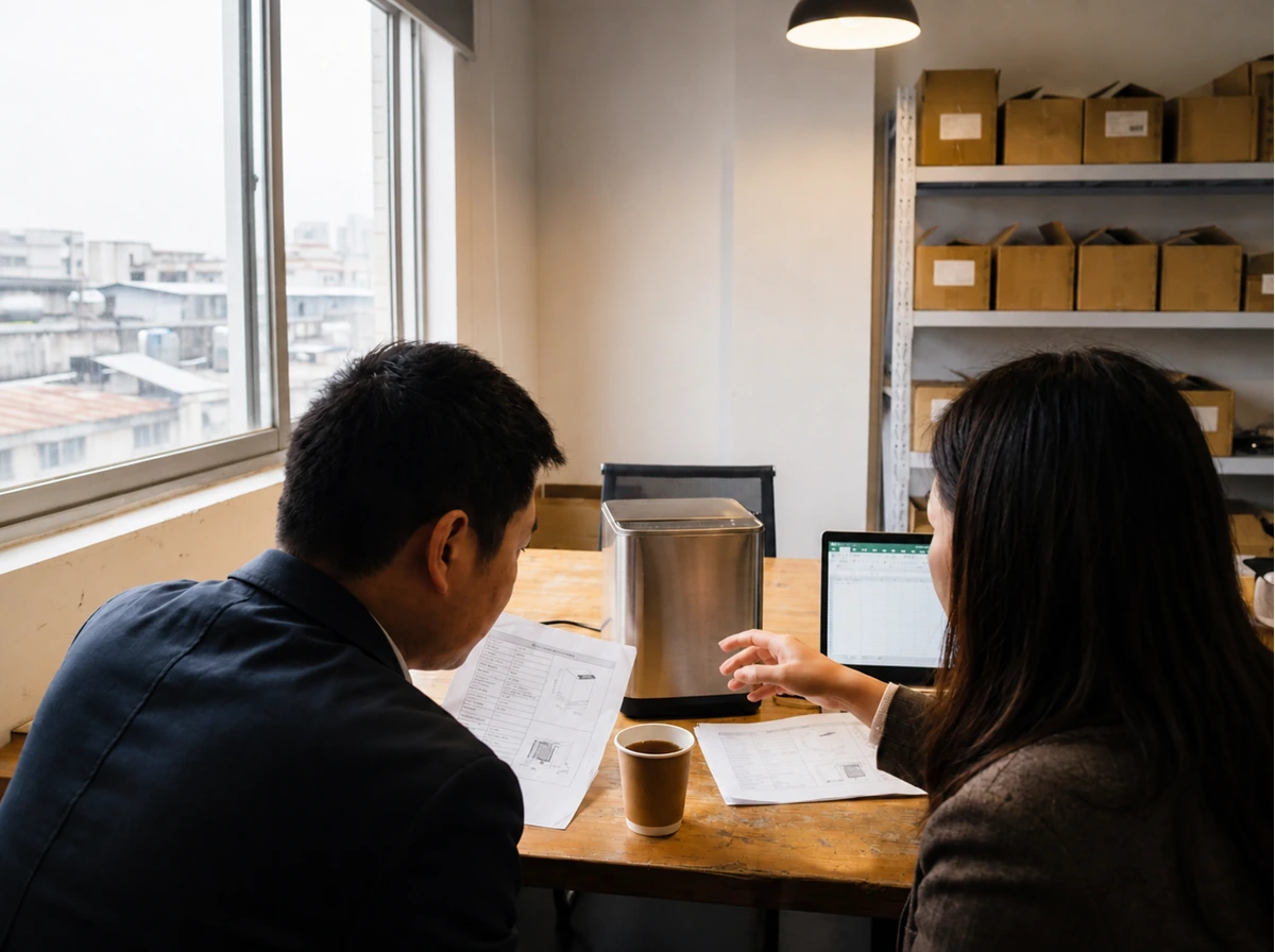 Two buyers going through a unit's datasheet next to the sample, with the order sheet open