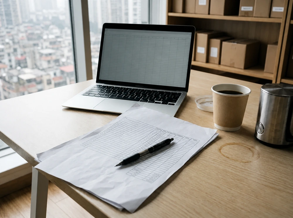 Desk with the paperwork of a quotation: proforma invoice, packing list and product datasheet