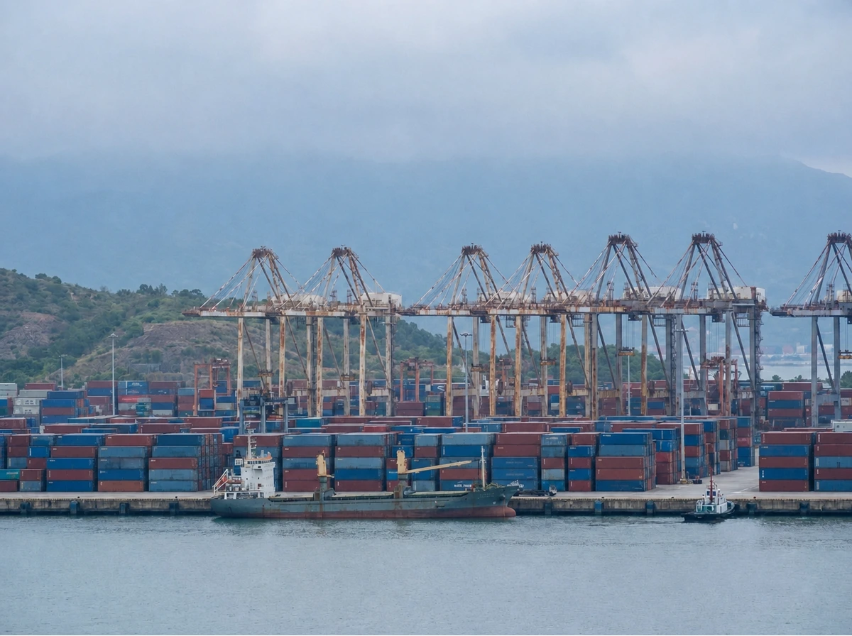 Container terminal with gantry cranes and a vessel at the quay